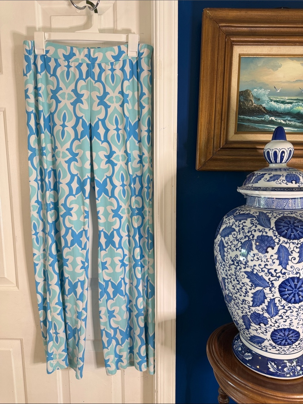 Jude Connally Aqua & Light Blue Geometric Curtain Panel Pull On Pants Size M